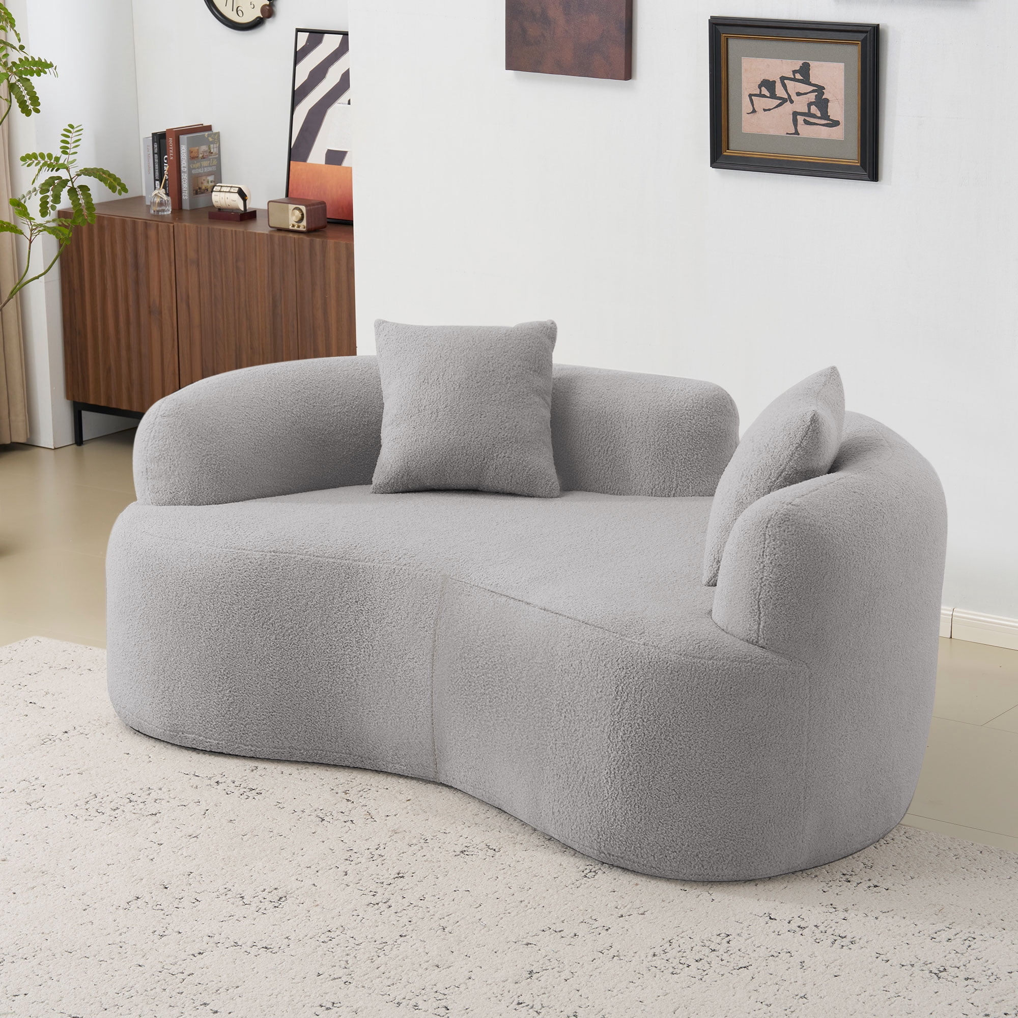 66.93 Inch Curved Loveseat, Grey Full Compression Sponge Sofa, Teddy Velvet Fabric, No-Assembly Compact Sofa for Small Spaces & Apartments, 350 lbs Capacity