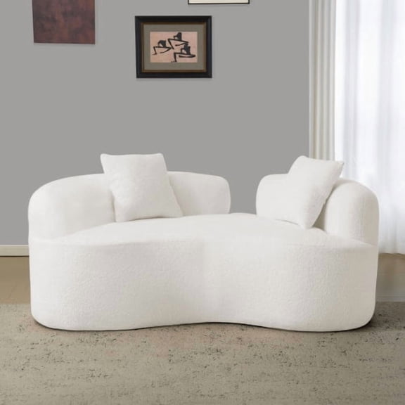 66.93 Inch Curved Loveseat White Full Compression Sponge Sofa with 2 Pillows, Teddy Velvet Fabric, No-Assembly Compact Sofa for Small Spaces & Apartments, 350 lbs Capacity, White