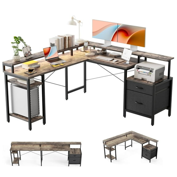 66.93 Inch L-Shaped Desk with Storage Drawers, Gaming Desk with Power Outlet & LED Light Strip, Corner Computer Desk with Shelves for Home Office Workstations, Grey