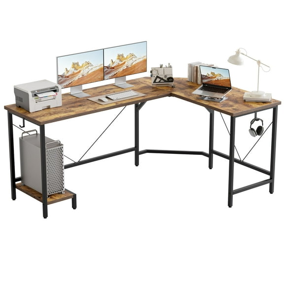 66.93 Inch L-Shaped Desk for Home Office, Corner Computer Desk for Workstations, Gaming Desk with Tower Shelf and Hooks,Rustic Brown