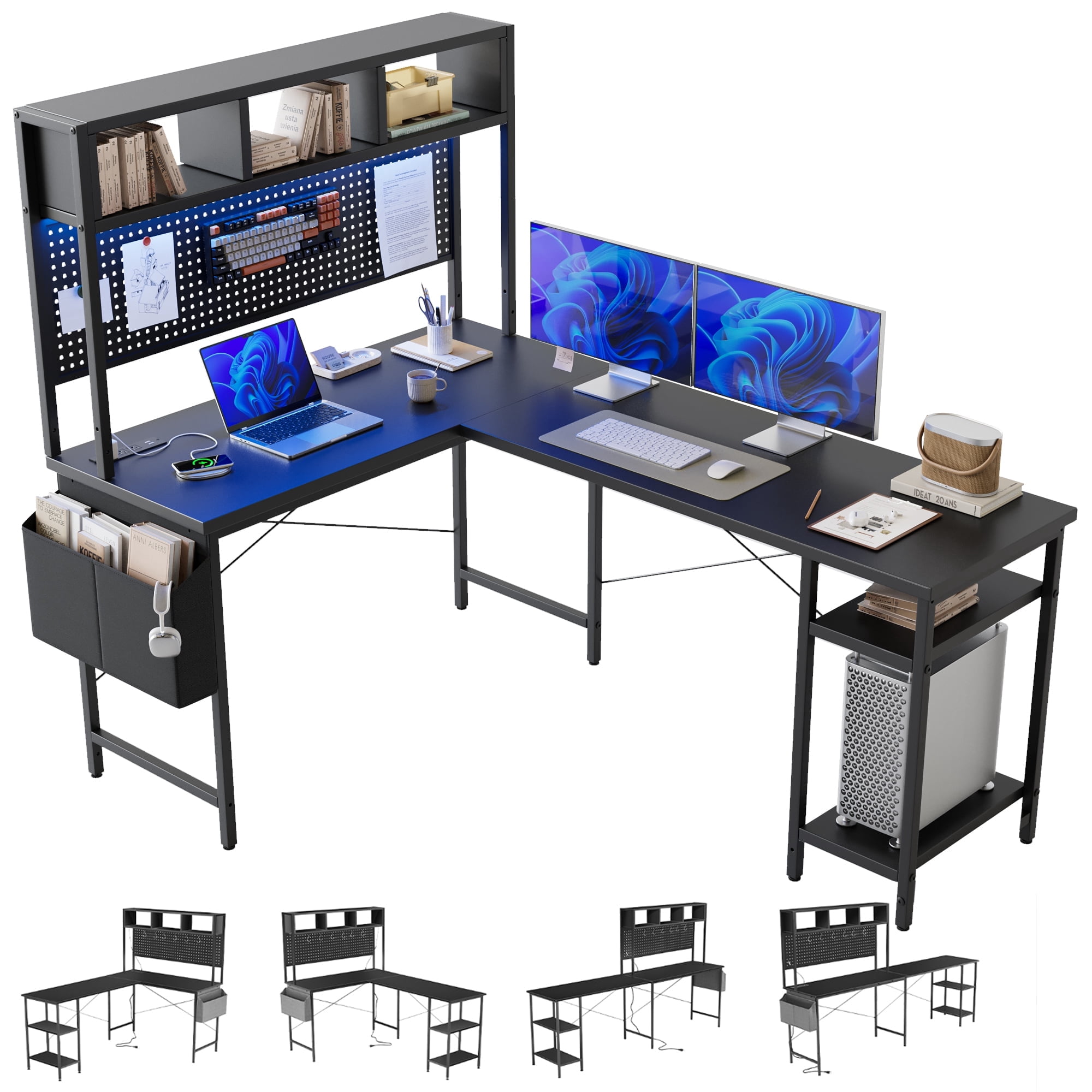 66.93 Inch Large L-Shaped Gaming Desk with Pegboard, Computer Desk with ...