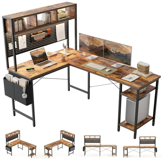 66.93 Inch Large L-Shaped Gaming Desk with Pegboard, Computer Desk with Power Outlet & LED Light Strip, Corner Desk with Storage Bag for Home Office Workstations, Rustic Brown