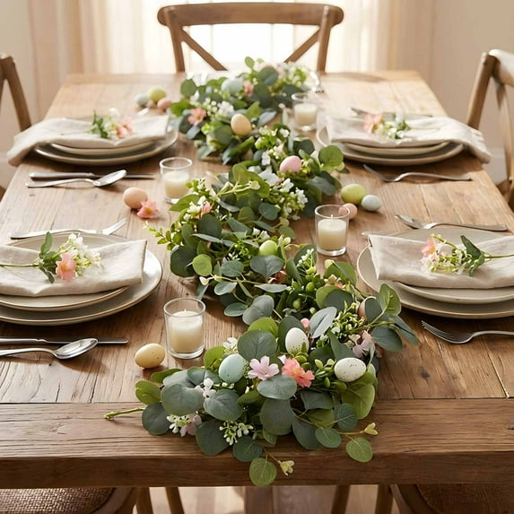 66.93 Inch Spring Easter Garland with Realistic Eucalyptus Leaves, Pink Flowers and Pastel Eggs, Versatile Floral Decor for Kitchen Mantel Table, Indoor Outdoor Holiday Party Essentials