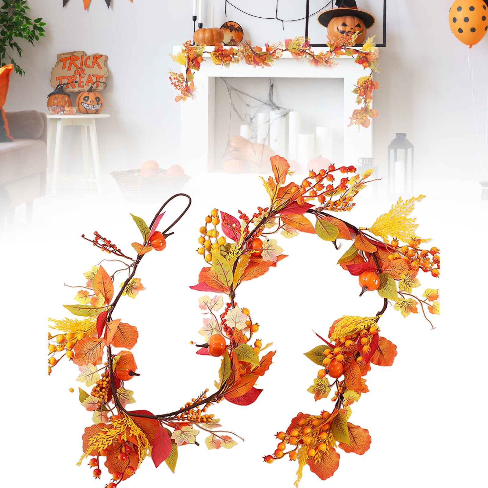 66.9In Faux Pumpkin Rattan Garland Halloween Decor With Pinecones ...