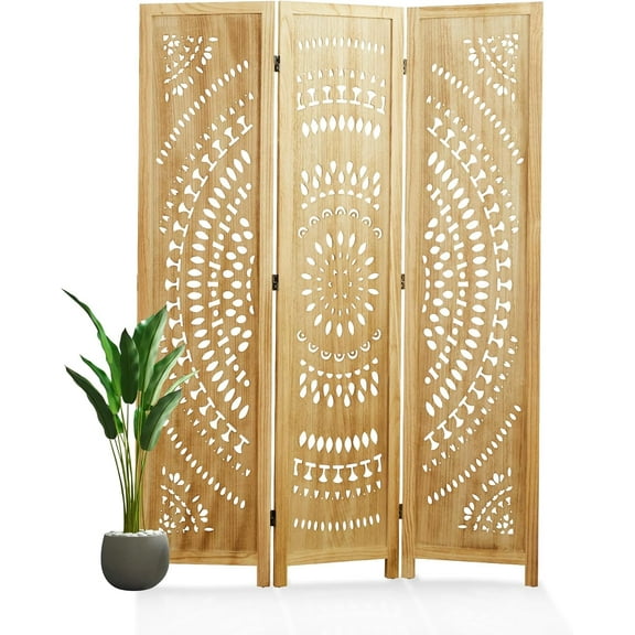 66.9Inch Folding Room Divider, 3 Panels Wood Carved Privacy Screens, Free Assembled Freestanding Partition for Home Office Restaurant Bedroom (Natural)