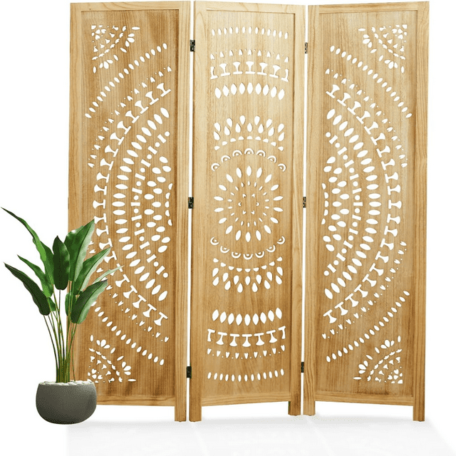 66.9Inch Folding Room Divider 3 Panels Wood Carved Privacy Screens Free