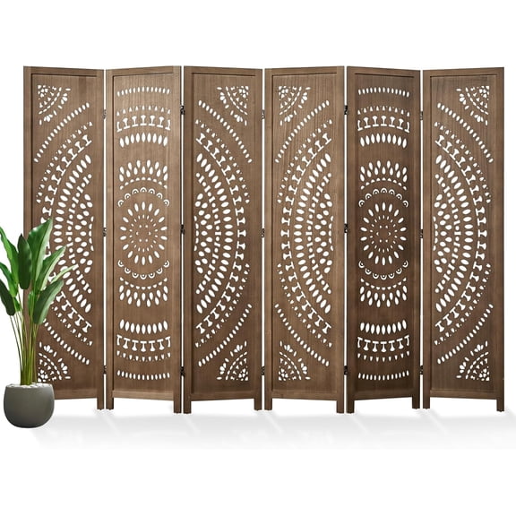 66.9Inch Folding Room Divider, 6 Panels Wood Carved Privacy Screens Free Assembled Freestanding Partition for Bedroom Home Office (Brown)