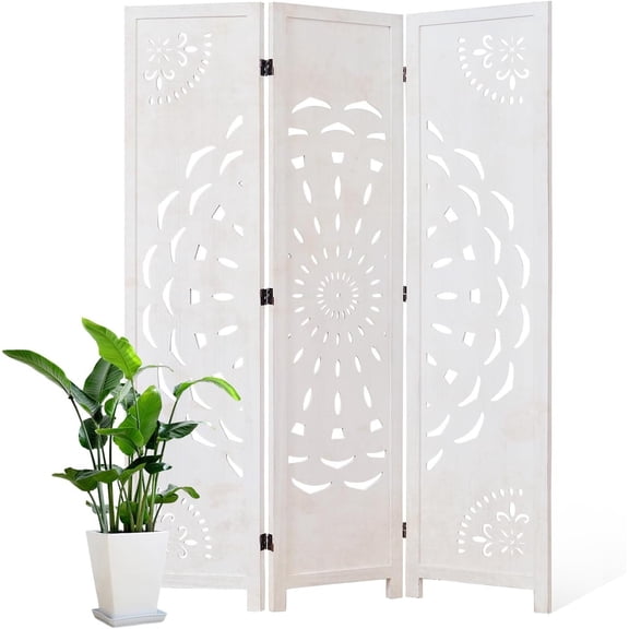 66.9Inch Wooden Room Partition - 3 Panels Boho-Styled Space Room Divider for /Office, Headboard & Yoga/Photo/Video Call Backdrop (White)
