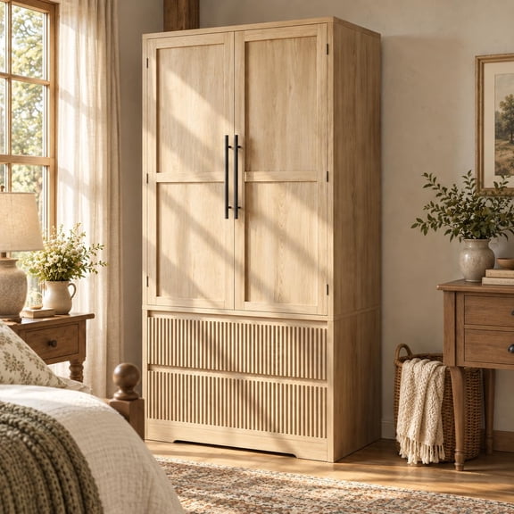 66" Armoire Wardrobe Closet with 2 Drawers and Hanging Rod, Modern Farmhouse Bedroom Clothing Storage Cabinet