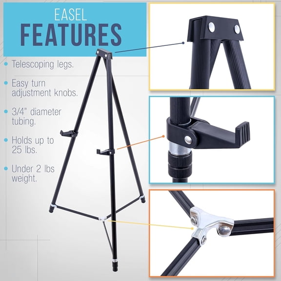 66" Black Metal Display Easel - 25 lbs Capacity Adjustable Floor/Tabletop Stand for Art & Signs