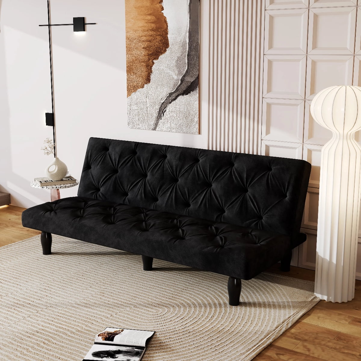 66" Black Velvet Sofa Bed Transforms Seamlessly, Ideal for Family