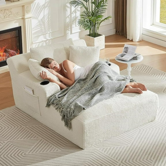 66'' Boneless Couch Sofa Bed, Comfy Chaise Lounge Chair Indoor with Side Pocket Cup Holder, Upholstered Plush Couches for Living Room No Assembly (Cream)