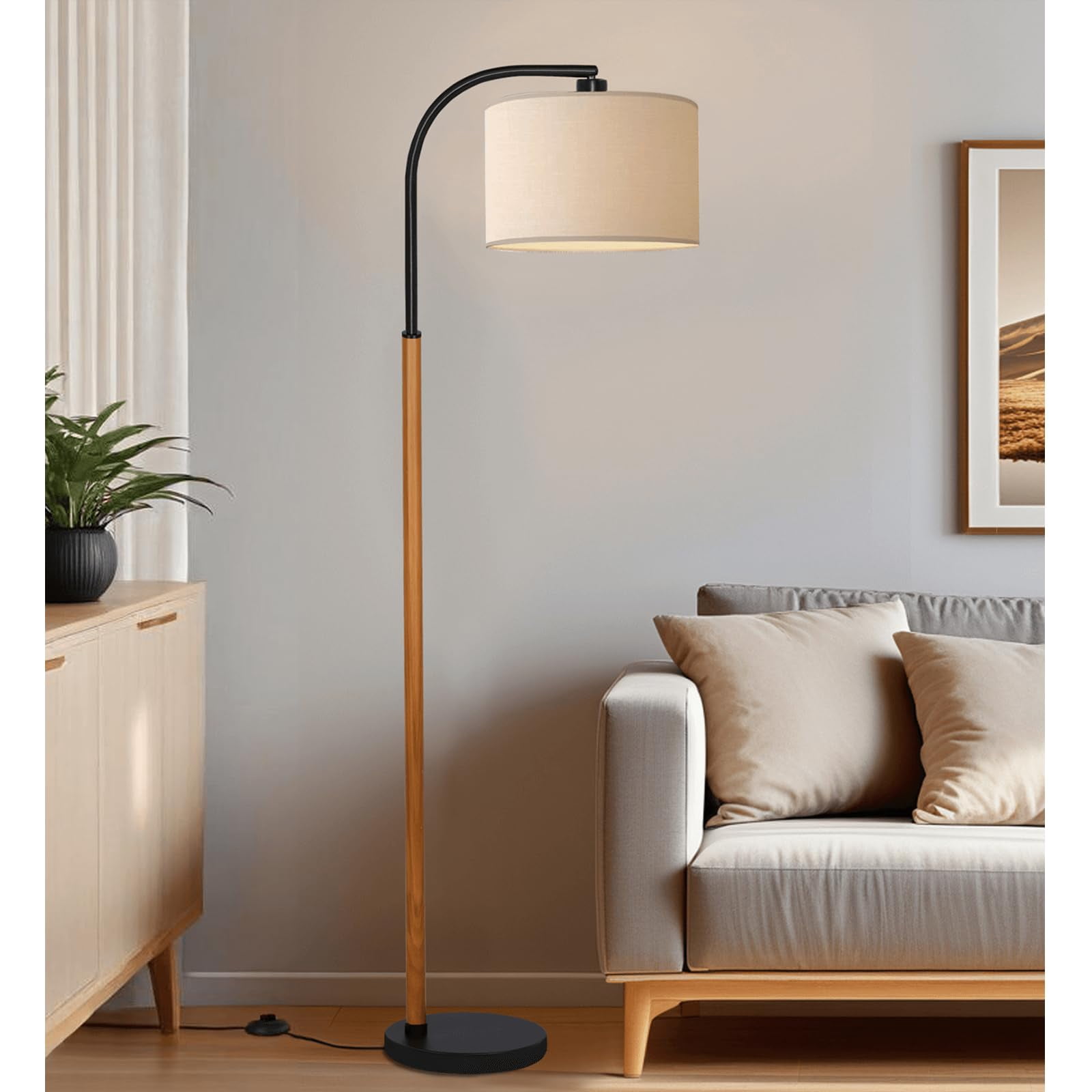 66" Brown Black Arc Floor Lamps For Living Room  1200 Lumens 3-level Brightness Wood Lamp Bedroom Vintage Mid Century Standing Adjustable Lampshade Led Bulb Included