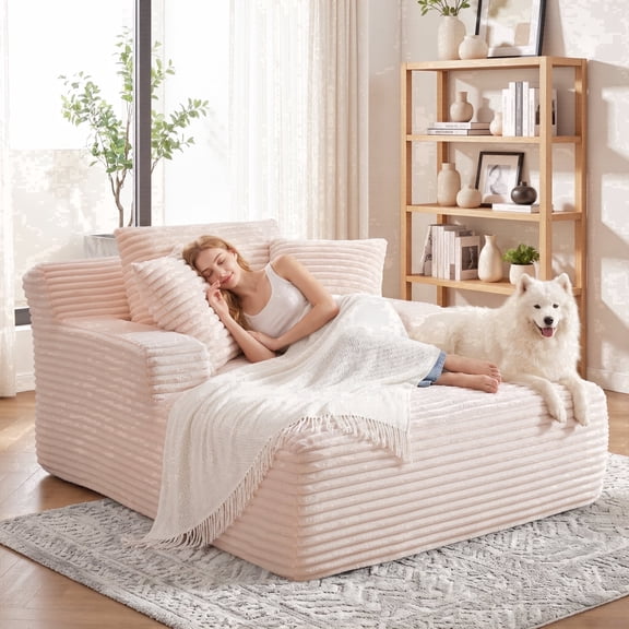 Vanress 66" Chaise Lounge Chair Indoor, Oversized Corduroy Upholstered Boneless Sofa, Deep Seat Reading Chairs Sleeper Couch, Cloud Sofas Couches for Living Room Bedroom, No Assembly, Pink