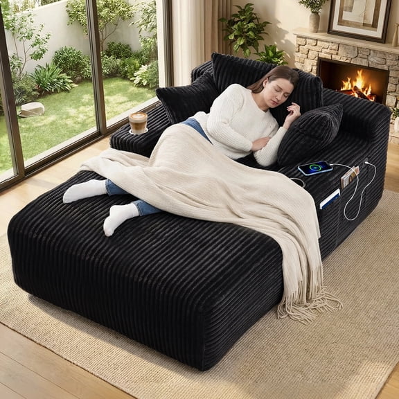 66" Chaise Lounge Chair Indoor, Oversized Corduroy Upholstered Boneless Sofa with USB & Type C, Deep Seat Sleeper Couch Reading Chairs with Pillows, Pre-assembled Corduroy Sofas Couches Living Room
