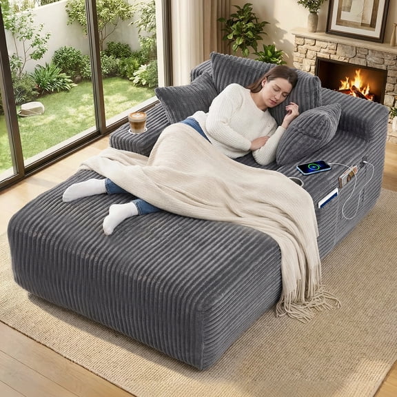 Chaise Lounge Chair Indoor, Oversized Corduroy Upholstered Boneless Sofa with USB & Type C, Deep Seat Sleeper Couch Reading Chairs with Pillows, Pre-assembled Corduroy Sofas Couches Living Room