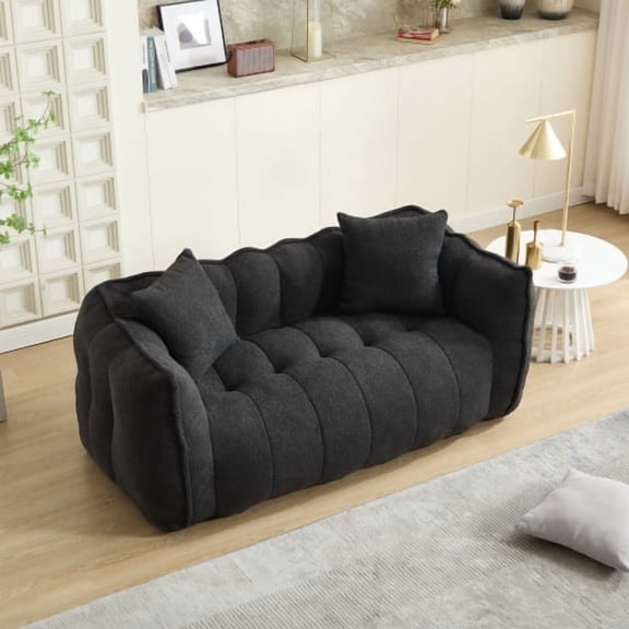 66" Chenille Upholstered Mid-Century Modern Sofa, Mid-Century Modern Couch with High Resilience Foam, Loveseat Sofa Couch with Lightweight Handle for Living Room Dining Room, Black