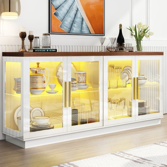 66" Coffee Bar Cabinet with Adjustable Shelf & LED Light, Storage Sideboard, 4 Doors Glass Showcase,Glossy White