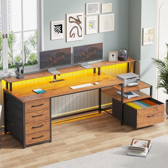 SEDETA 66" Computer Desk with File Drawer & Power Outlet, Home Office Desk with 5 Drawer and Storage Shelves, Printer Cabinet and Monitor Shelf, Gaming Desk with Led Lights, Rustic Brown