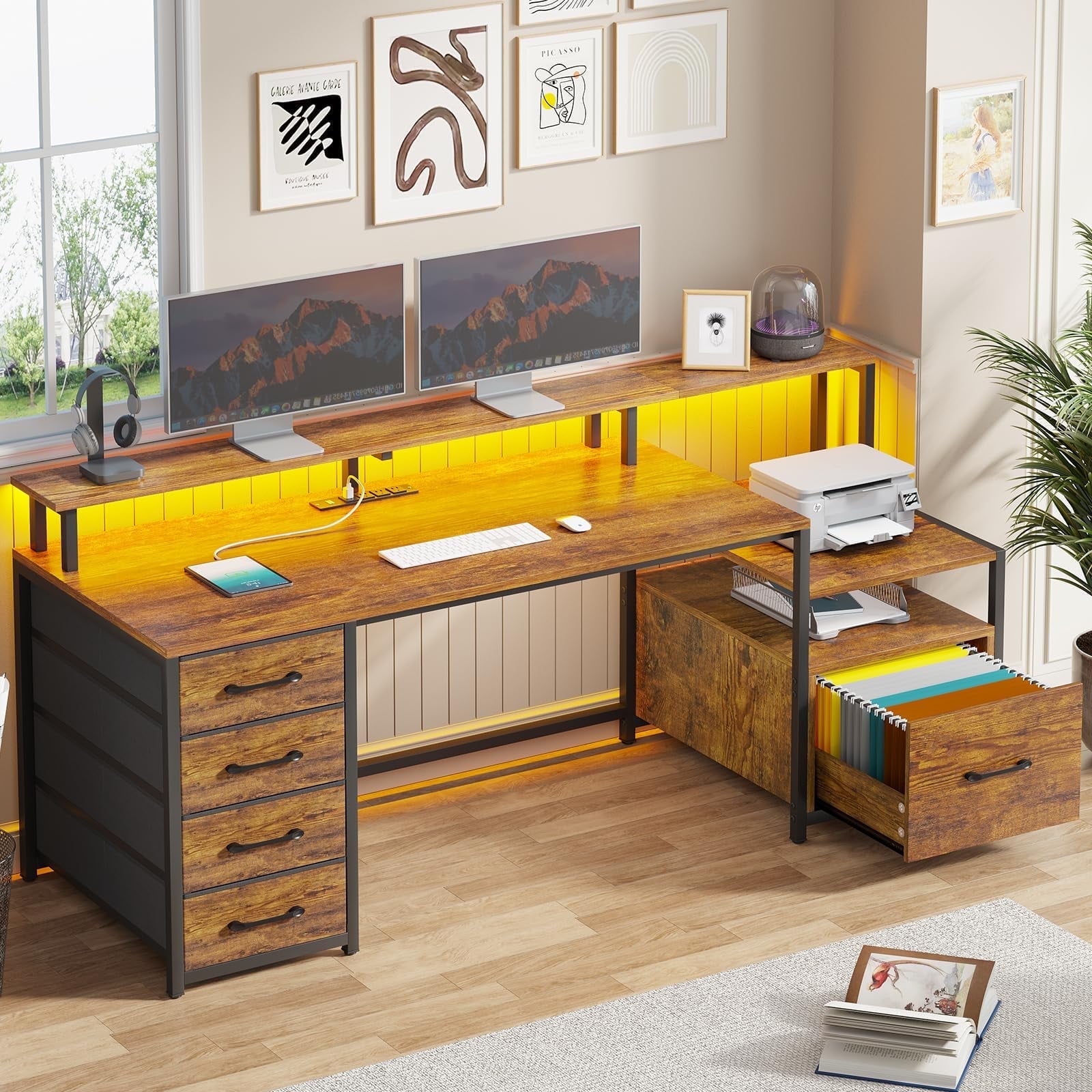 SEDETA 66" Computer Desk with File Drawer & Power Outlet, Home Office Desk with 5 Drawer and Storage Shelves, Printer Cabinet and Monitor Shelf, Gaming Desk with Led Lights, Rustic Brown