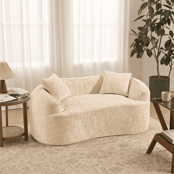 66" Curved Loveseat Sofa for Living Room, Deep Seat Chenille Cloud Couch with 2 Throw Pillows, Modern Love Seat for Small Spaces, No Assembly Required, Beige