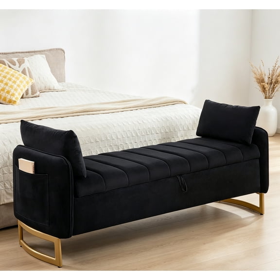 66" End of Bed Storage Bench (King Size), Velvet Storage Bench for Bedroom Foot of Bed, Upholstered Storage Ottoman Bench with Golden Legs and Pillow for Living Room, Window, Entryway, Black