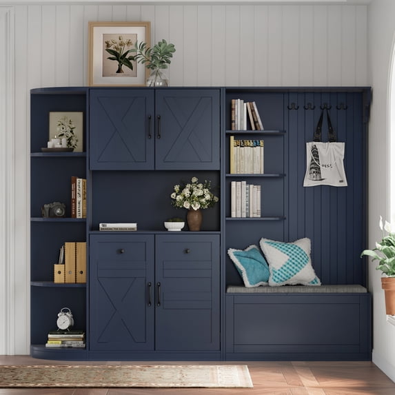66'' Entryway Hall Tree and Storage Cabinet, Multifunctional Left-right Combination Hall Cabinet with Shelf and 4 Hooks, Storage Cabinet/ Hall Tree 2 in 1 for Mudroom, Hallway, Living Room, Blue