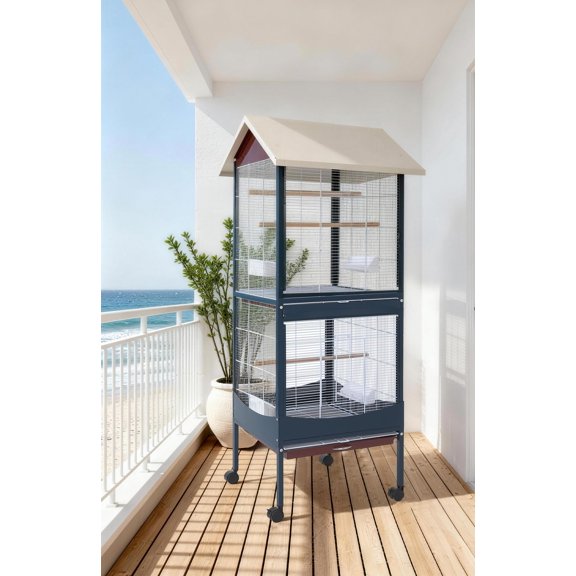 66" Extra Large Bird Cage with Rolling Stand, 2-in-1 Stackable Breeding Cage w/ Removable Divider, Lockable Casters & Slide-Out Tray - Indoor/Outdoor - SY-222B, Blue-White