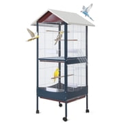 66" Extra Large Bird Cage with Rolling Stand, Metal Parrot Cage Detachable Stand Slide-Out Tray Multi-Door for Parakeet Cockatiel Budgie, Blue White