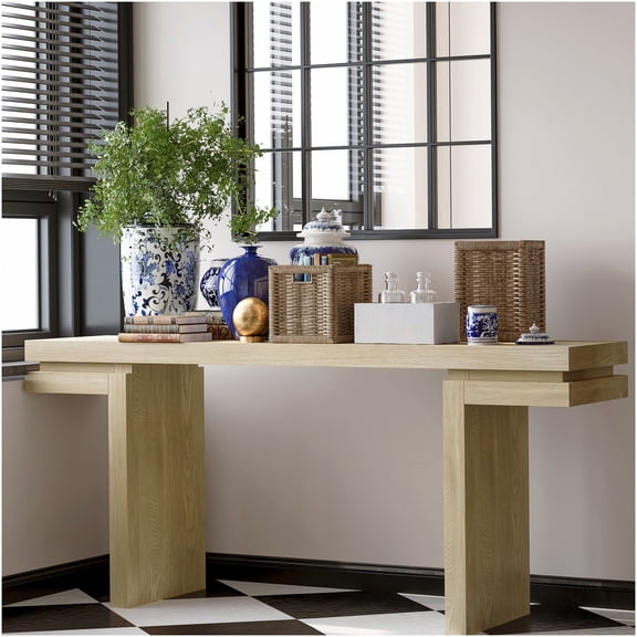 66" Extra Wide Console Table with Real Wood Veneer, Sofa Table Behind Couch for Entryway, Hallway & Living Room, Distressed Oak Finish