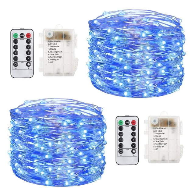 66 FT 200 LED Silver Wire String Lights Fairy String Lights Battery Operated Waterproof 8 Modes LED String Lights with Remote Control Decor for Christmas Wedding Party Blue 2Pack
