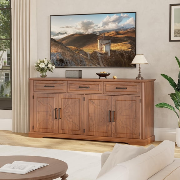 66" Farmhouse Buffet Cabinet with 3 Embossed Drawers & 4 Doors – Large Storage Sideboard, Coffee Bar Station for Dining Room, Kitchen, Living Room