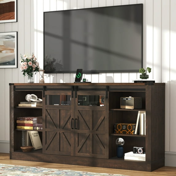 66" Farmhouse TV Stand for 65" 70" 75" TVs with Power Charging Station, Slidding Barn Door Entertainment Center with Adjustable Storage Shelves for Living Room Bedroom