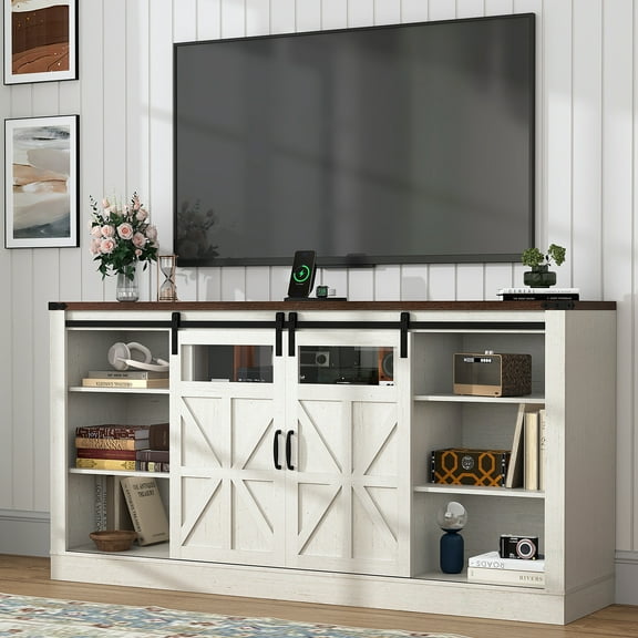 66" Farmhouse TV Stand for 65" 70" 75" TVs with Power Charging Station, Slidding Barn Door Entertainment Center with Adjustable Storage Shelves for Living Room Bedroom