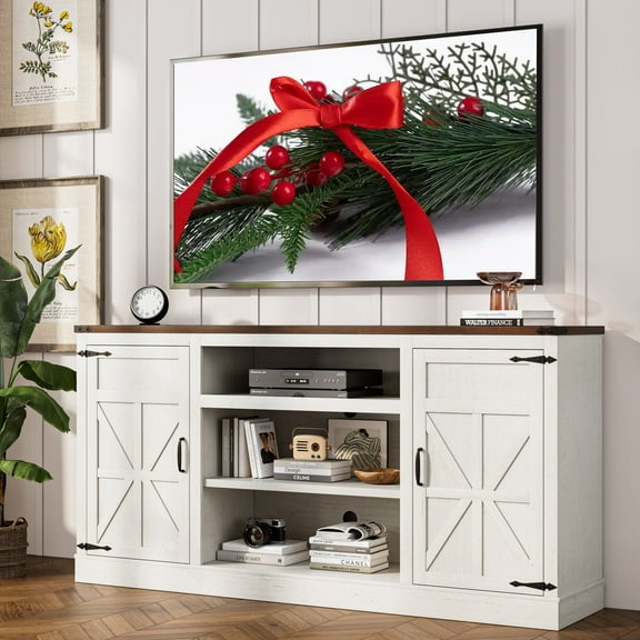 66" Farmhouse TV Stand for 65" 70" 75" TVs with Charging Station, 33" Tall Entertainment Center Console Table with Adjustable Shelves/4 Layer Storage for Living Room