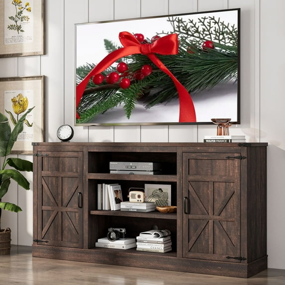 66" Farmhouse TV Stand for 65" 70" 75" TVs with Charging Station, 33" Tall Entertainment Center Console Table with Adjustable Shelves/4 Layer Storage for Living Room