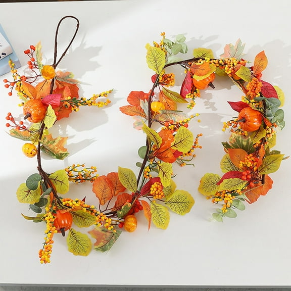 66" Faux Pumpkin Garland - Rattan Fall Decor with Pinecones & Maple Leaves for Halloween, Thanksgiving, Christmas Mantel, Staircase & Porch Decorations
