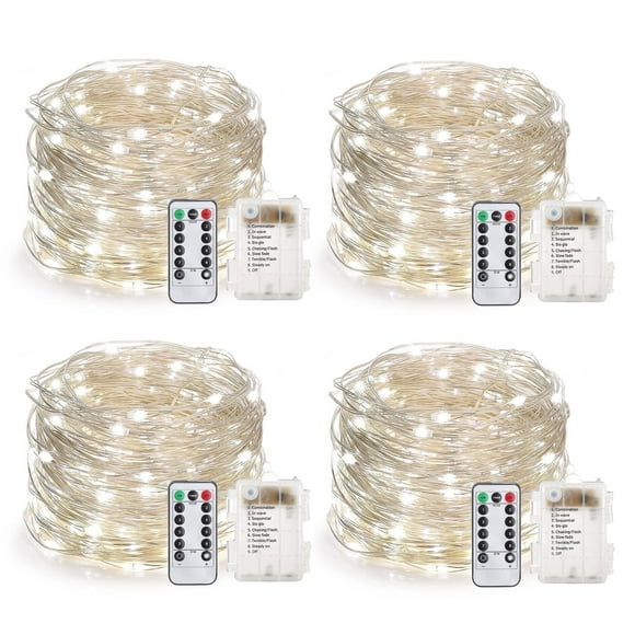 66 Feet 200 Led Fairy Lights Battery Operated with Remote Control Timer Waterproof Silver Wire Twinkle String Lights for Bedroom Indoor Outdoor Wedding Dorm Deco-Cool White 4Pack