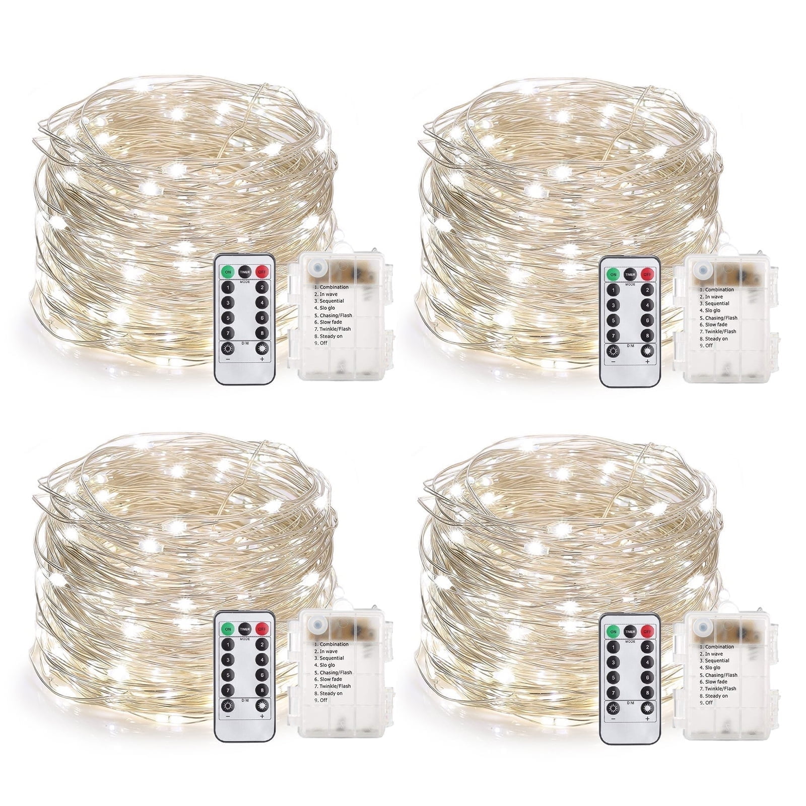 66 Feet 200 Led Fairy Lights Battery Operated with Remote Control Timer Waterproof Silver Wire Twinkle String Lights for Bedroom Indoor Outdoor Wedding Dorm Deco-Cool White 4Pack