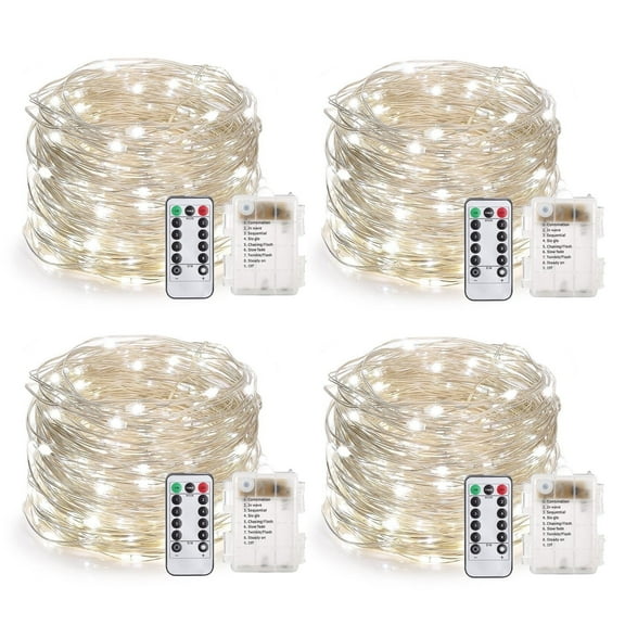66 Feet 200 Led Fairy Lights Battery Operated with Remote Control Timer Waterproof Silver Wire Twinkle String Lights for Bedroom Indoor Outdoor Wedding Dorm Deco-Cool White 4Pack