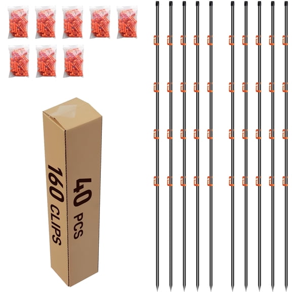 66" Fiberglass Electric Fence Posts 40 Pack Temporary Garden Posts with 160 Adjustable Clips, Portable Step-in Stakes for Farm, Garden, Horse, Goat, Sheep & Small Animal Fences