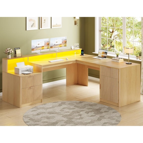 66" Fluted Home Office Desk with Storage, L Shaped Desk with Power Outlets & Monitor Stand, Wood Computer Desk with Drawers & Cabinet, Corner Desk with LED Lights for Bedroom, Natural