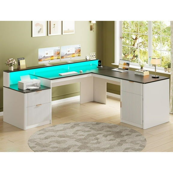 66" Fluted Home Office Desk with Storage, L Shaped Desk with Power Outlets & Monitor Stand, Wood Computer Desk with Drawers & Cabinet, Corner Desk with LED Lights for Bedroom, White