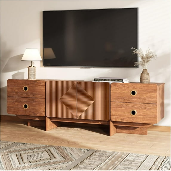 66" Fluted TV Stands for Living Room, Mid Century Modern TV Consoles for 75 inch TV, Entertainment Center with Storage, Media Console with Adjustment Shelf(Cherry)