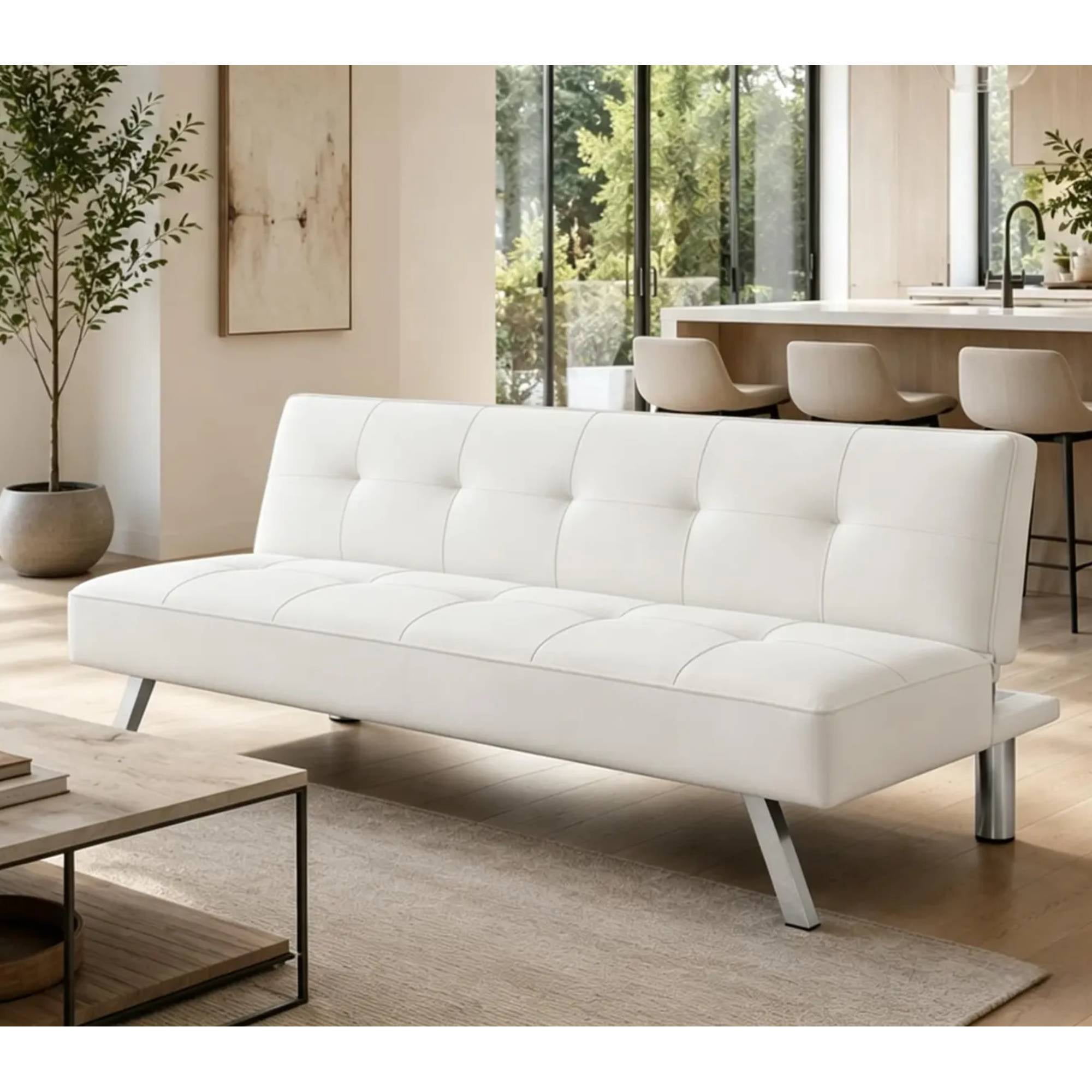 66" Futon Sofa Bed, 3-in-1 Convertible Sleeper Couch Bed for Small Spaces, Tufted Back Loveseat for Living Room, Beige