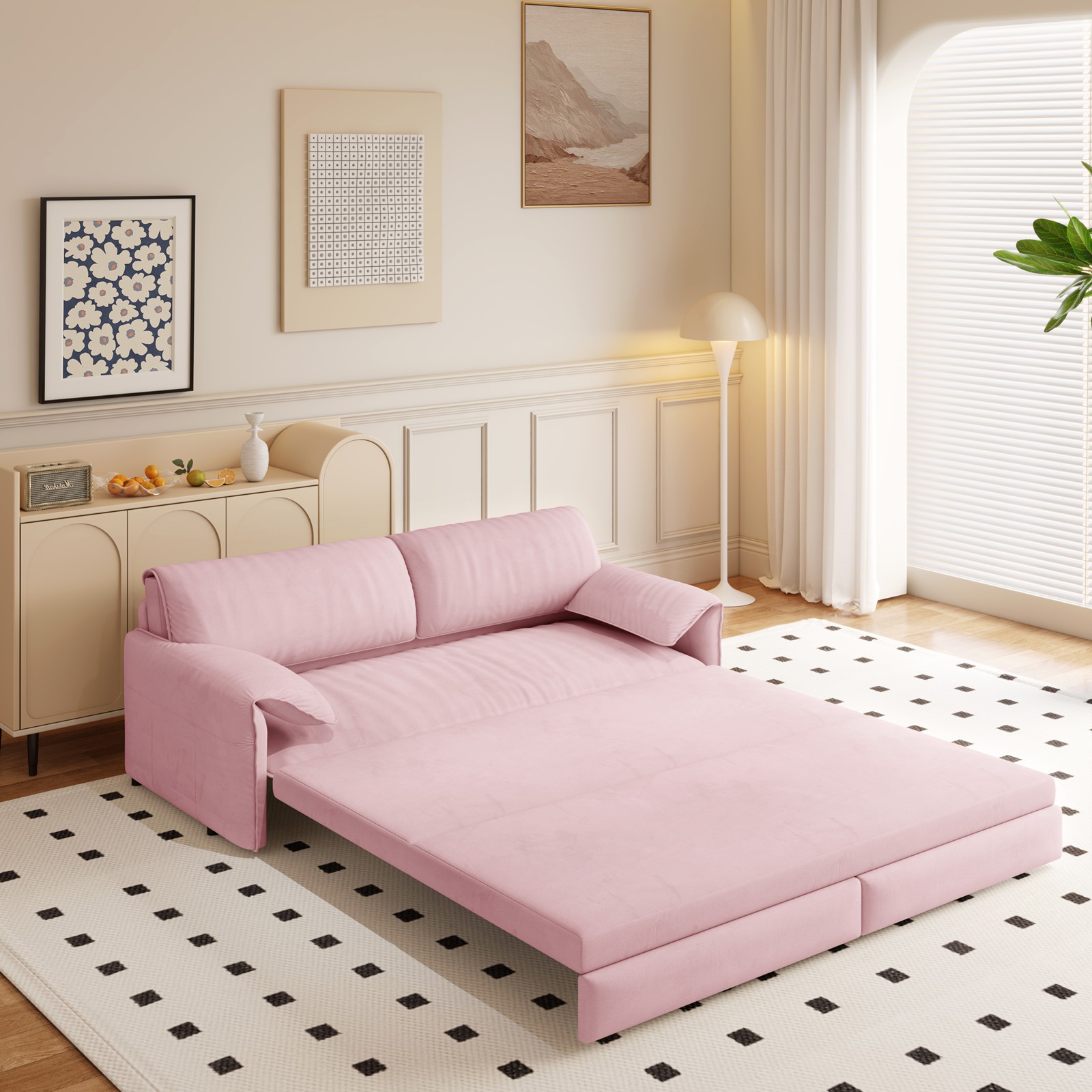 66" Futon Sofa Bed Queen Size, Pull Out Bed, 3-in-1 Convertible Sleeper Sofa with Side Pocket, Modern Velvet Futon Couch for Living Room, Small Space, Apartment, Bedroom,Pink