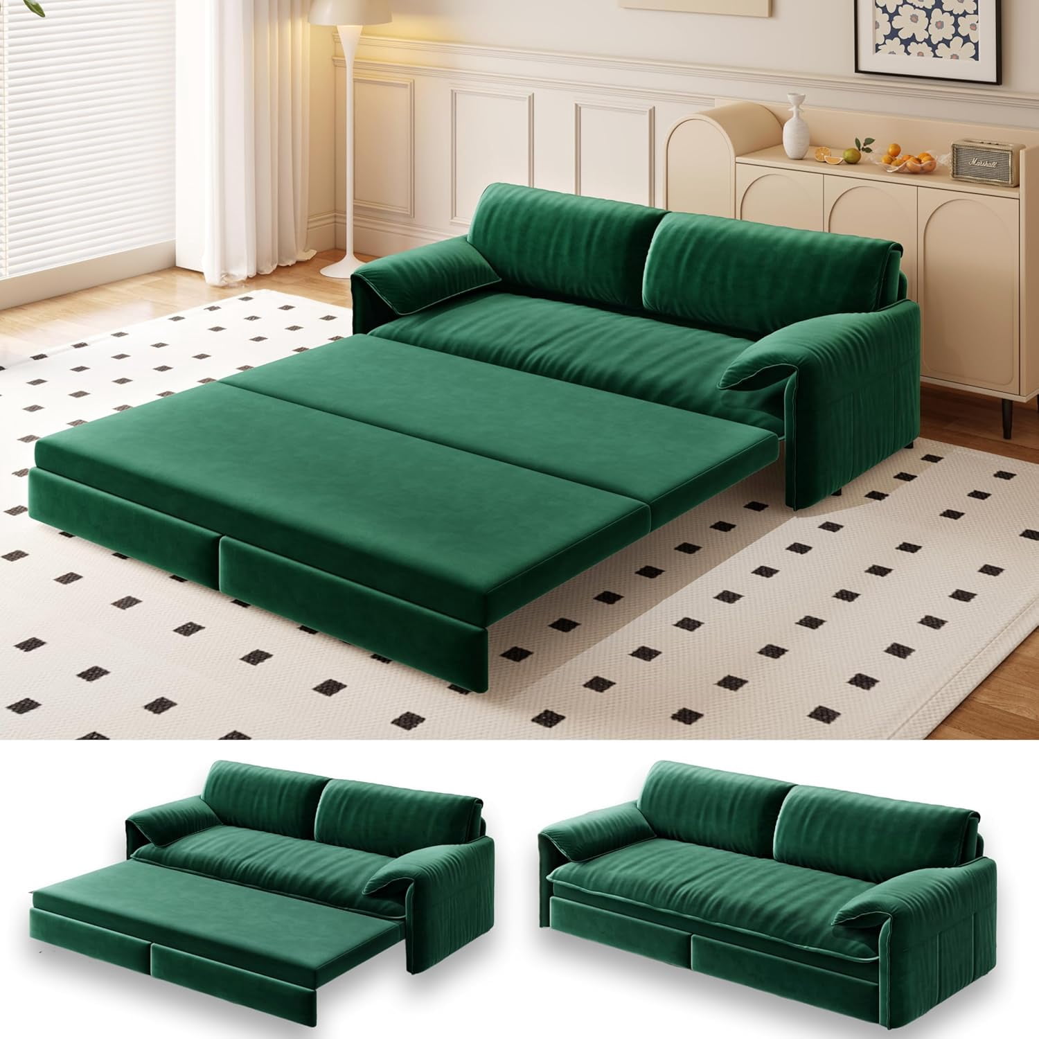 66" Futon Sofa Bed Queen Size, Pull Out Bed, 3-in-1 Convertible Sleeper Sofa with Side Pocket, Modern Velvet Futon Couch for Living Room, Small Space, Apartment, Bedroom, Green