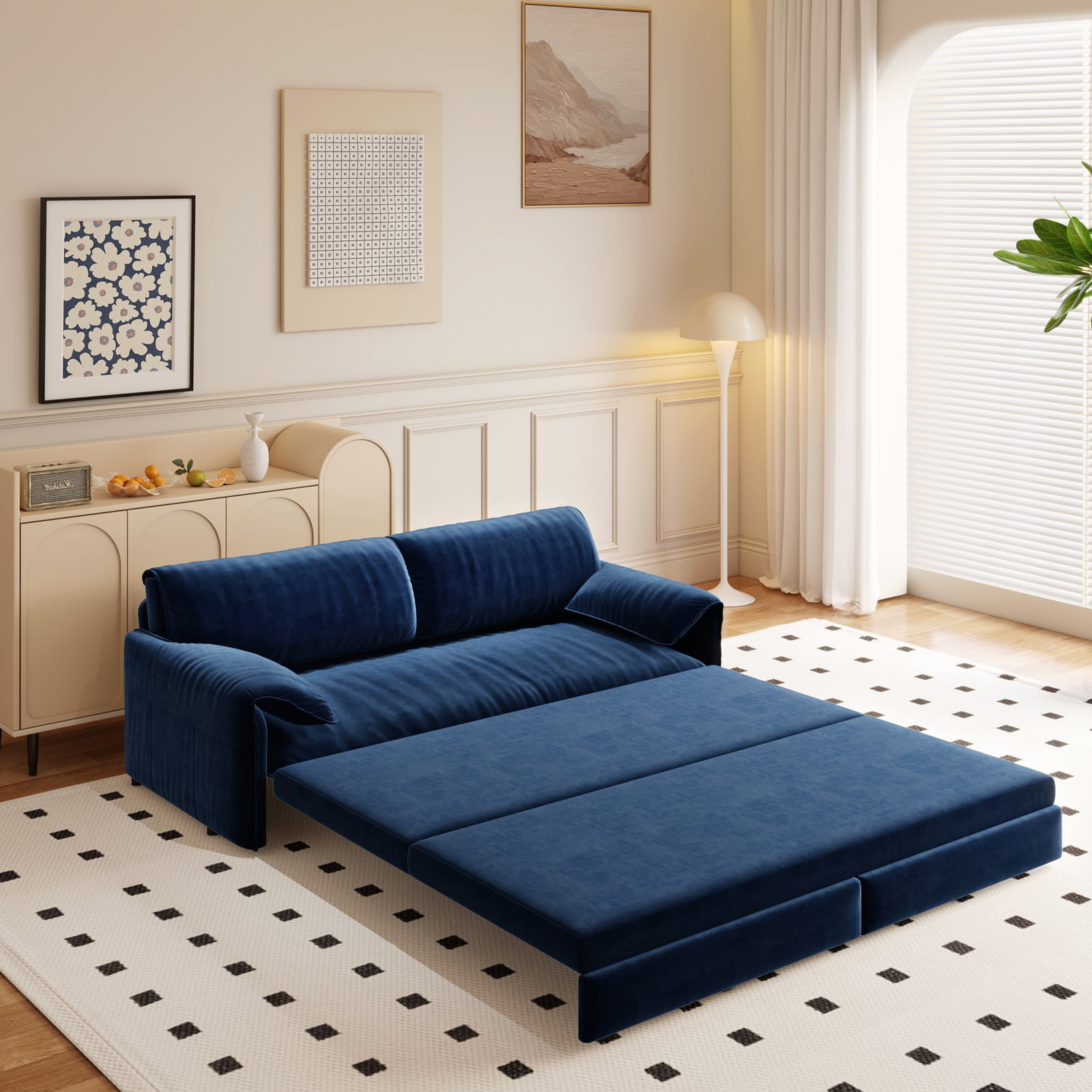 66" Futon Sofa Bed Queen Size, Pull Out Bed, 3-in-1 Convertible Sleeper Sofa with Side Pocket, Modern Velvet Futon Couch for Living Room, Small Space, Apartment, Bedroom, Blue