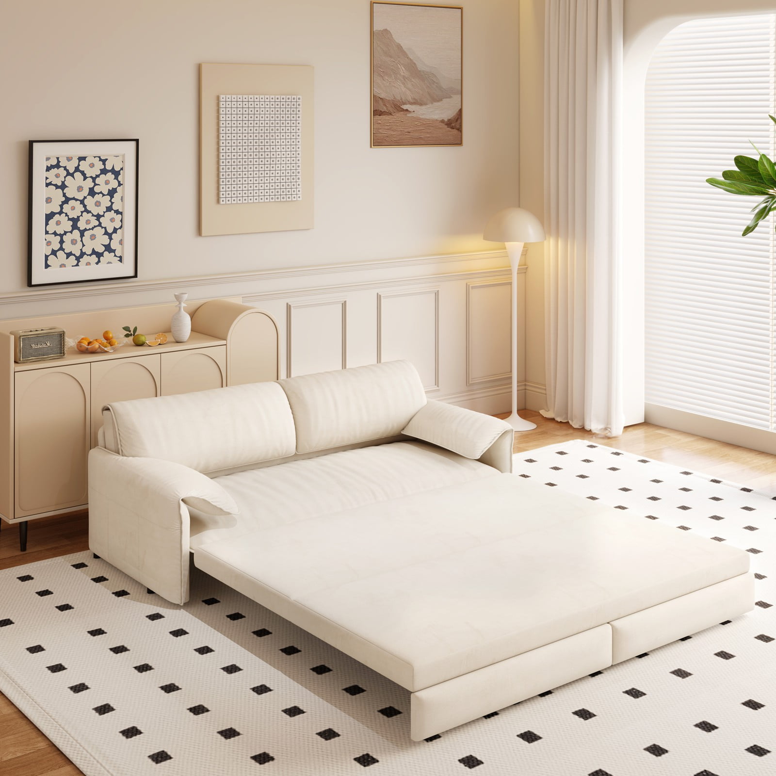 66" Futon Sofa Bed Queen Size, Pull Out Bed, 3-in-1 Convertible Sleeper Sofa with Side Pocket, Modern Velvet Futon Couch for Living Room, Small Space, Apartment, Bedroom, Beige