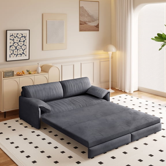 66" Futon Sofa Bed Queen Size, Pull Out Bed, 3-in-1 Convertible Sleeper Sofa with Side Pocket, Modern Velvet Futon Couch for Living Room, Small Space, Apartment, Bedroom, Grey